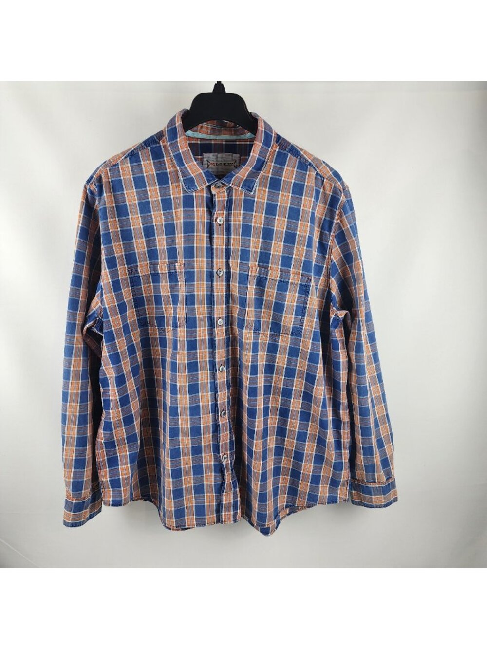32 BAR BLUES Shirt Mens XXL Multicolor Blue Orange Plaid Long Sleeve Button Up